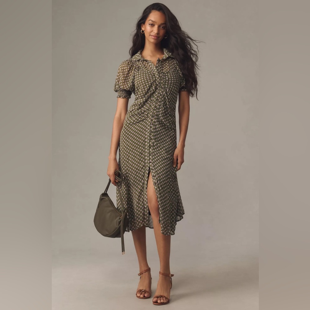 Puff-Sleeve Ruched Mesh Midi Shirt Dress